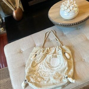 Anthropologie Z&L Beige Beaded Embroidered Boho Tassel Beach Bag